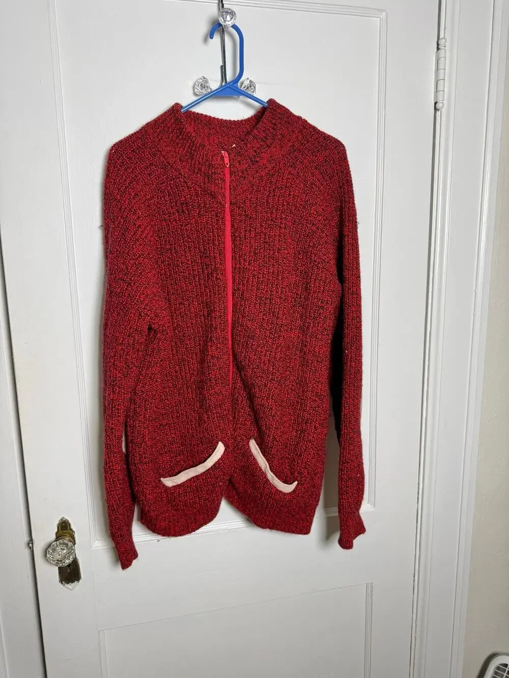 VTG 90s Orvis Mens L Red Marled Knit Zip Cardigan Sweater Elbow Patch Heritage